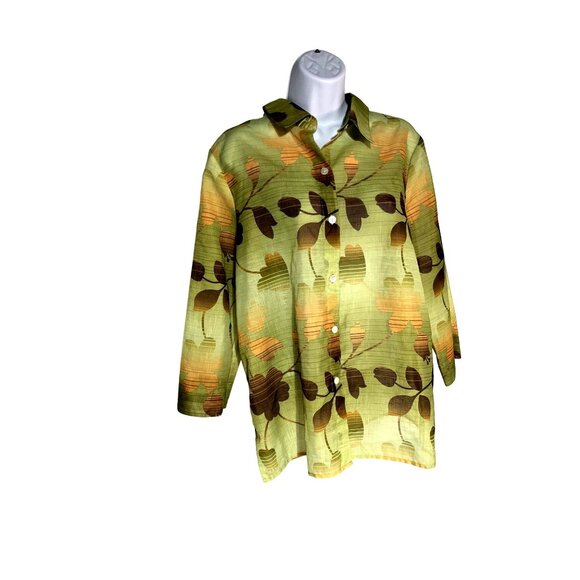 Alfred Dunner Womens Button-Up Shirt 14 Floral 100% Polyester Green/Orange/Brown - Picture 1 of 7